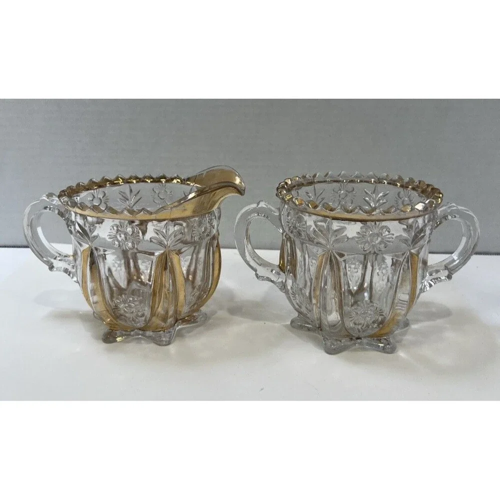 Antique 1897 EAPG Glass Sugar And Creamer Set Harvard Yard Gold Gilding Trim